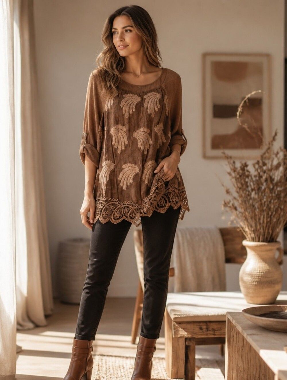 Crochet-Hem Scoop Neck Sweater Tunic in Brown